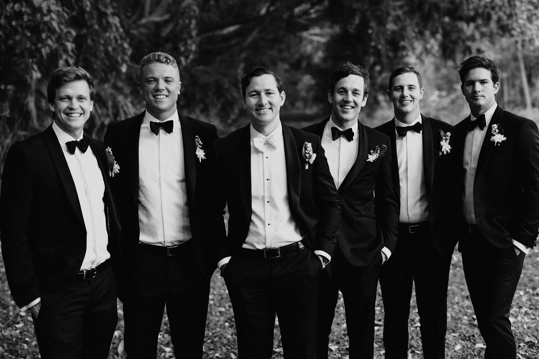 The groomsmen together among the trees, Burleigh Heads