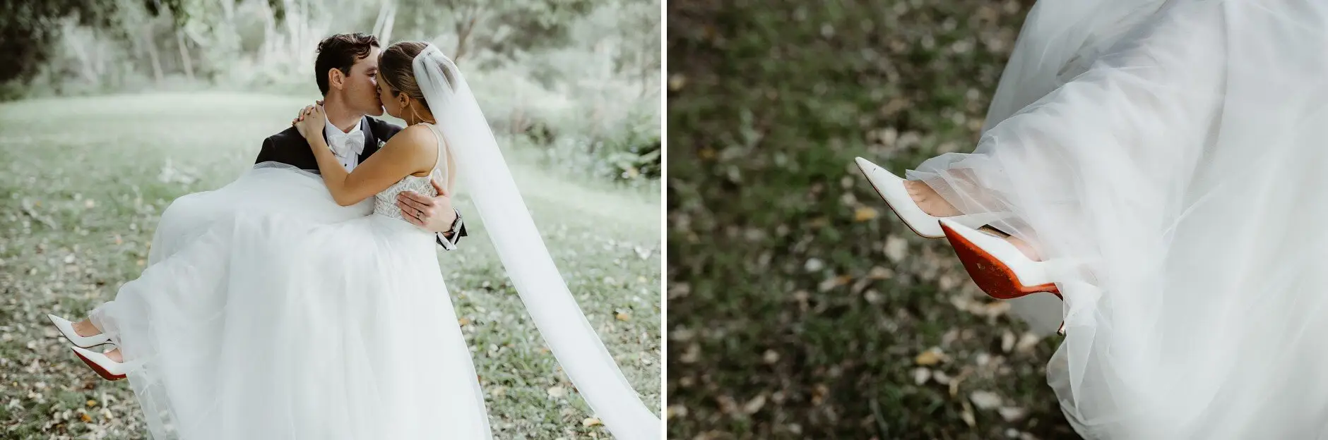 Clair and James kissing, and a detail of her dress on the grass