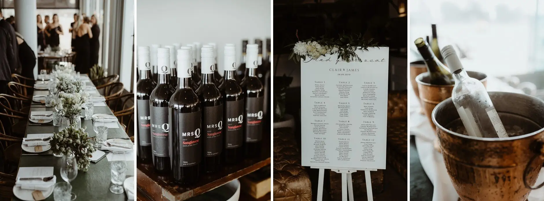 The reception table, the wine and the seating plan at Rick Shores