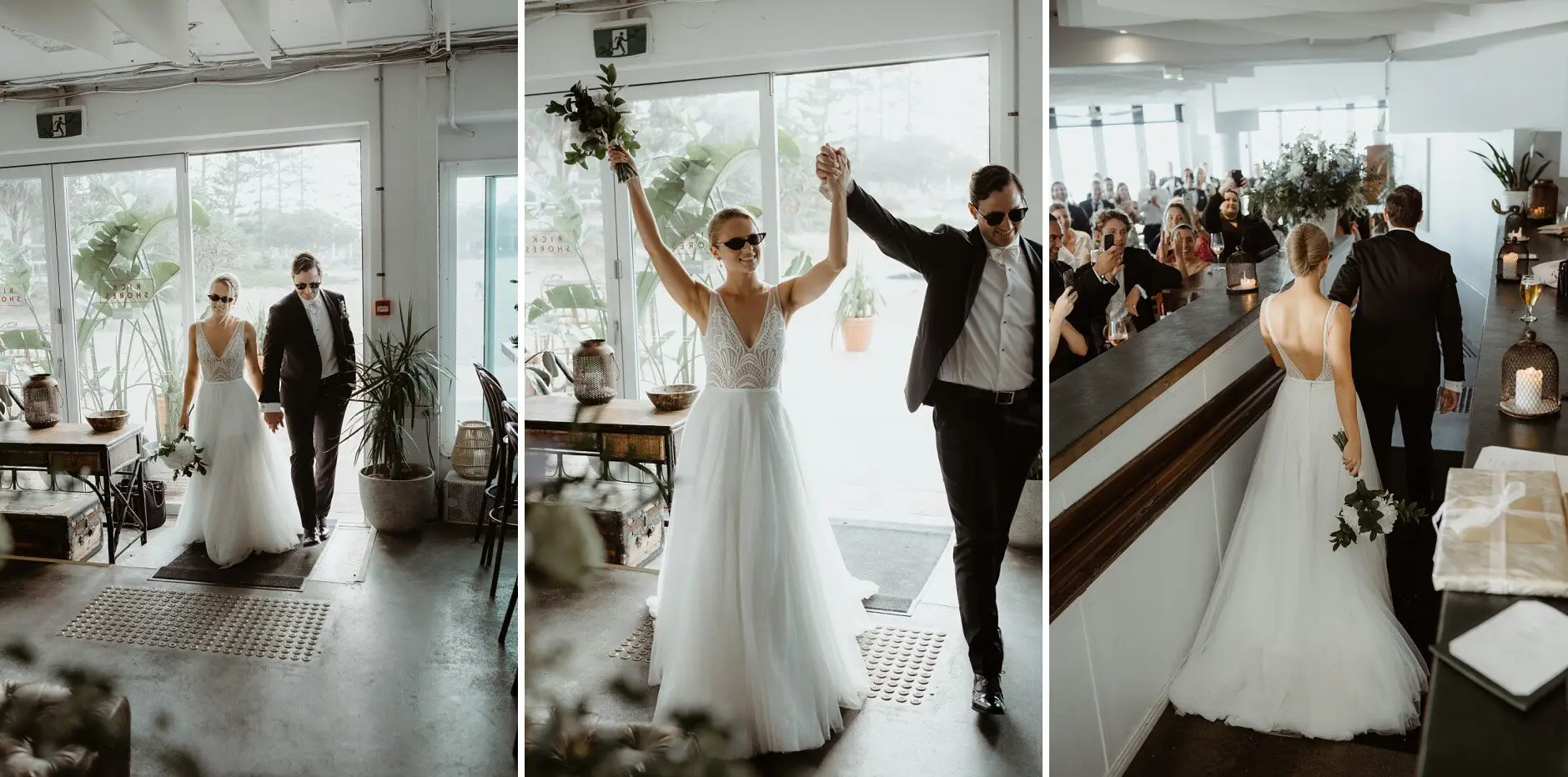 Clair and James arriving to cheers at Rick Shores, Burleigh Heads