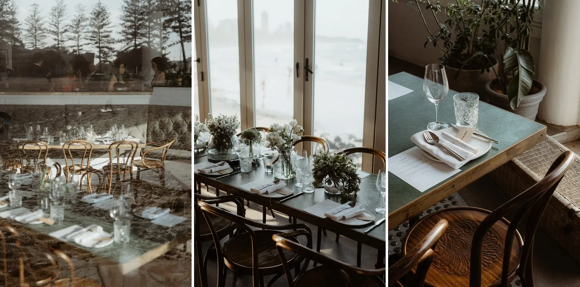 The tables set with flowers and glassware at Rick Shores
