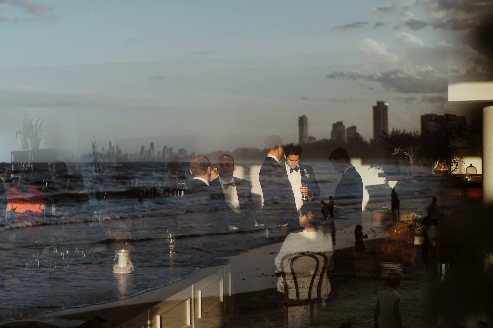 The Gold Coast skyline at dusk through the restaurant window
