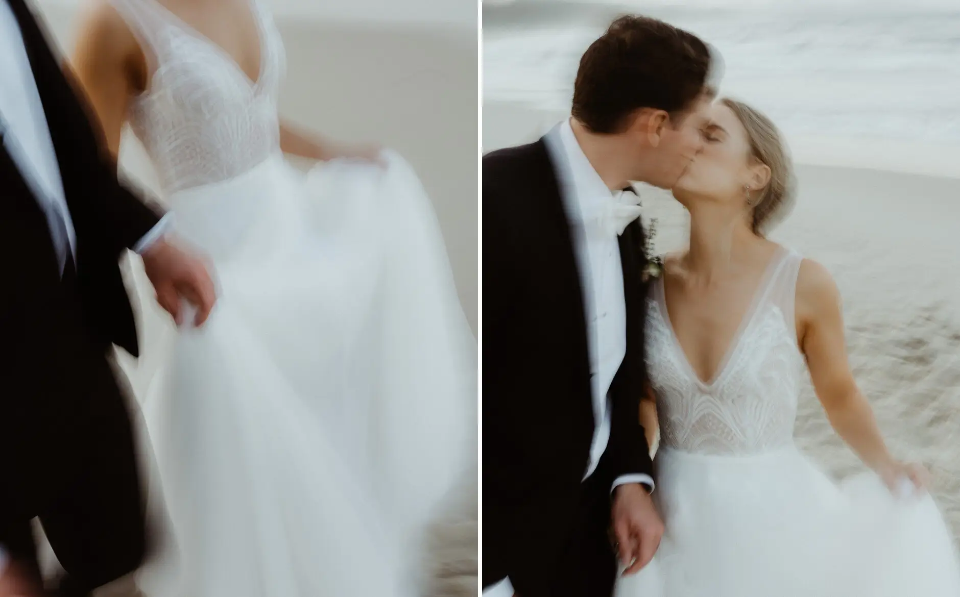 A detail of Clair’s dress, and the two of them kissing on the beach