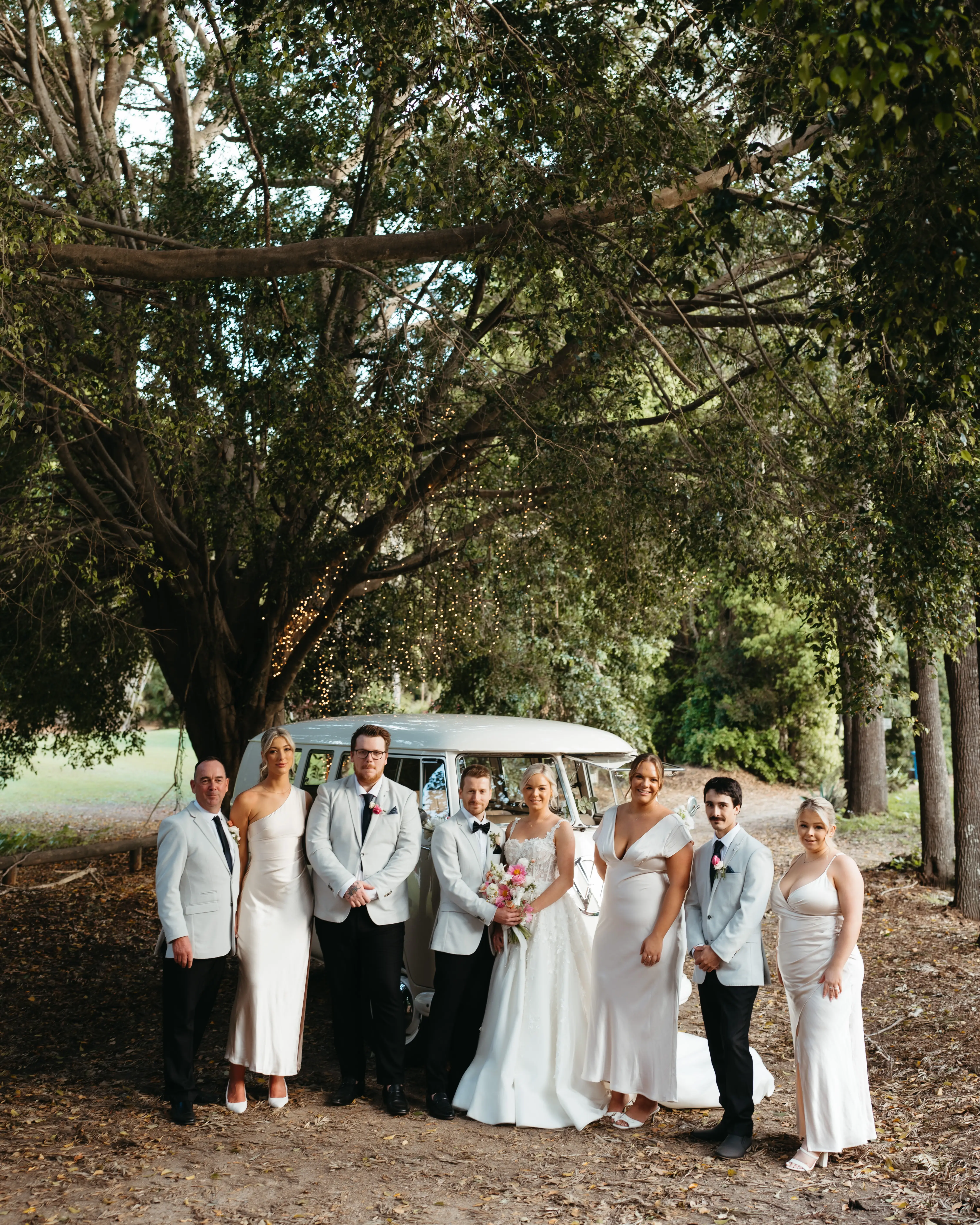 The wedding party around the kombi beneath the big tree, The Acre Boomerang Hills