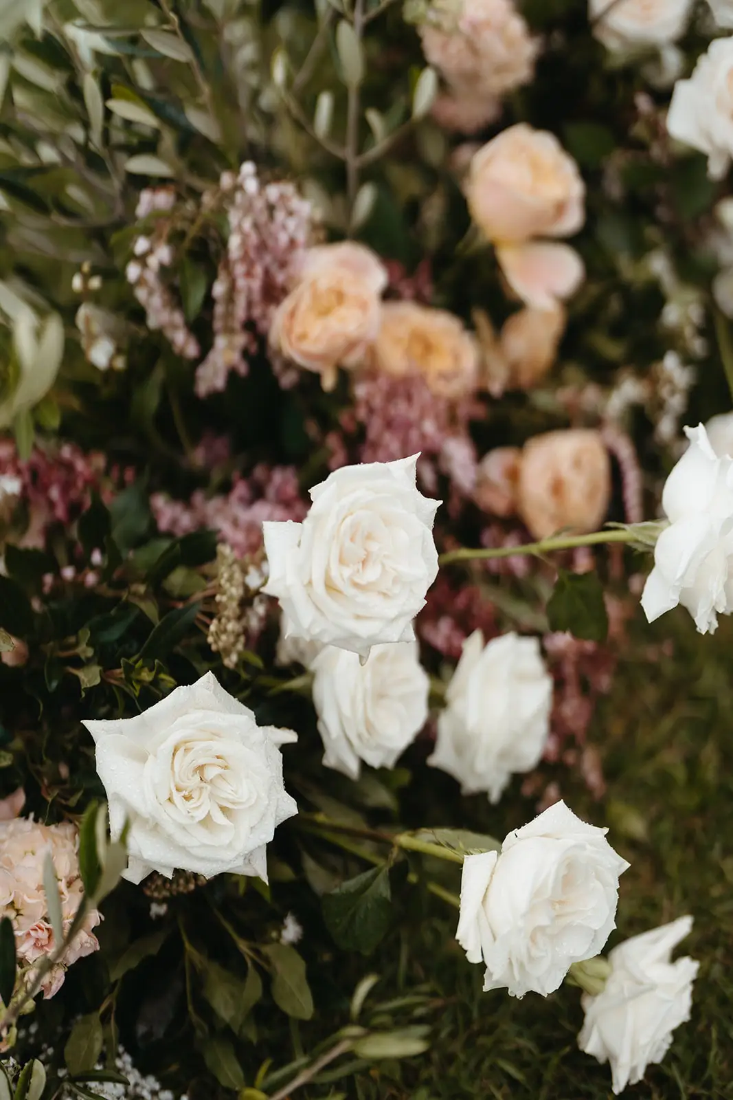 The ceremony florals — garden roses and blush blooms, Rosewood Estate