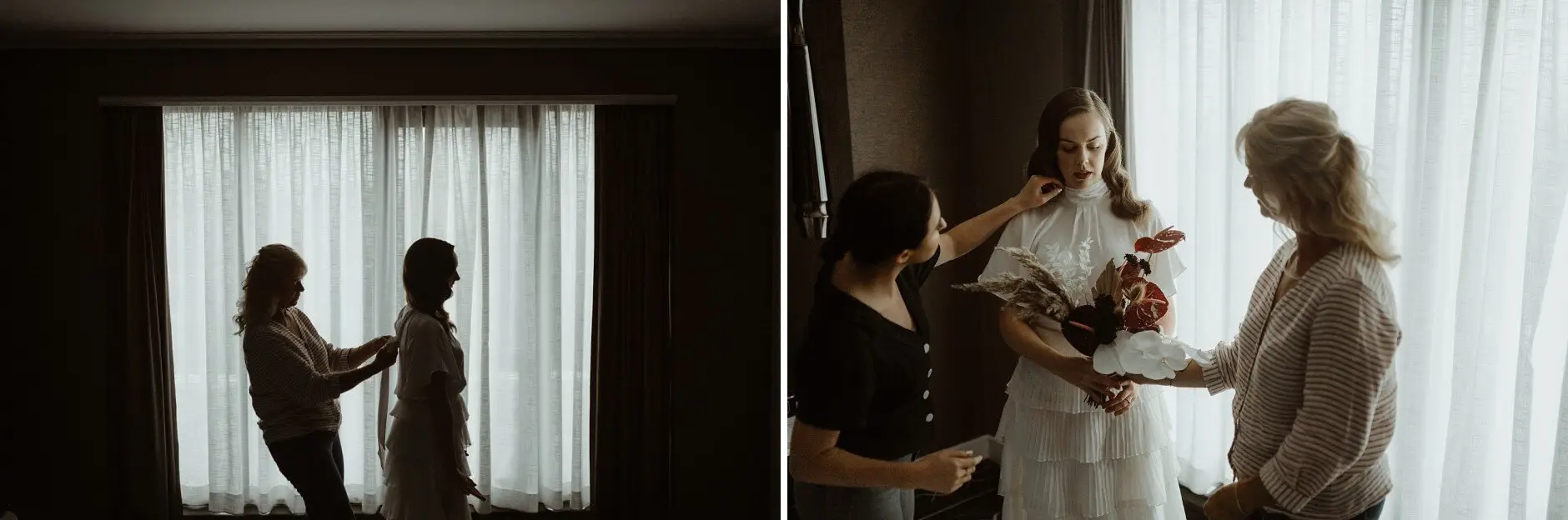 Sophie getting ready in the hotel room with her bridesmaid, Sydney