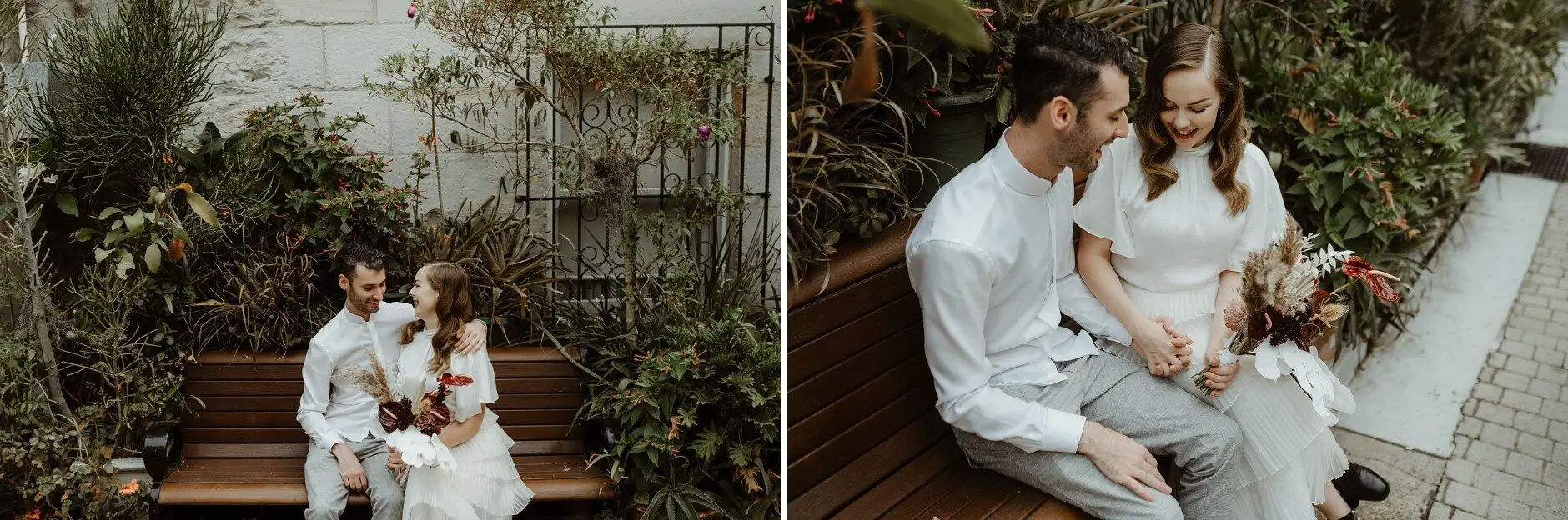 Sophie and Jonathan sitting together in a leafy Surry Hills laneway