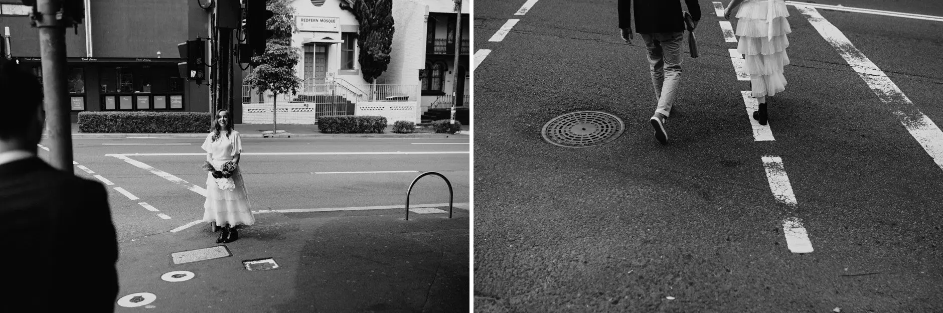 Sophie crossing the road, and her feet on the line markings, Sydney