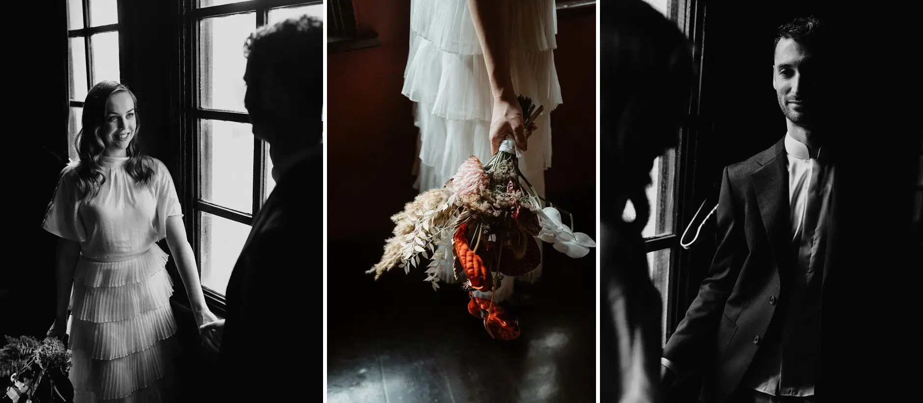 Sophie in the window light, the rust and dried bouquet, and Jonathan in the dark, Casa, Surry Hills