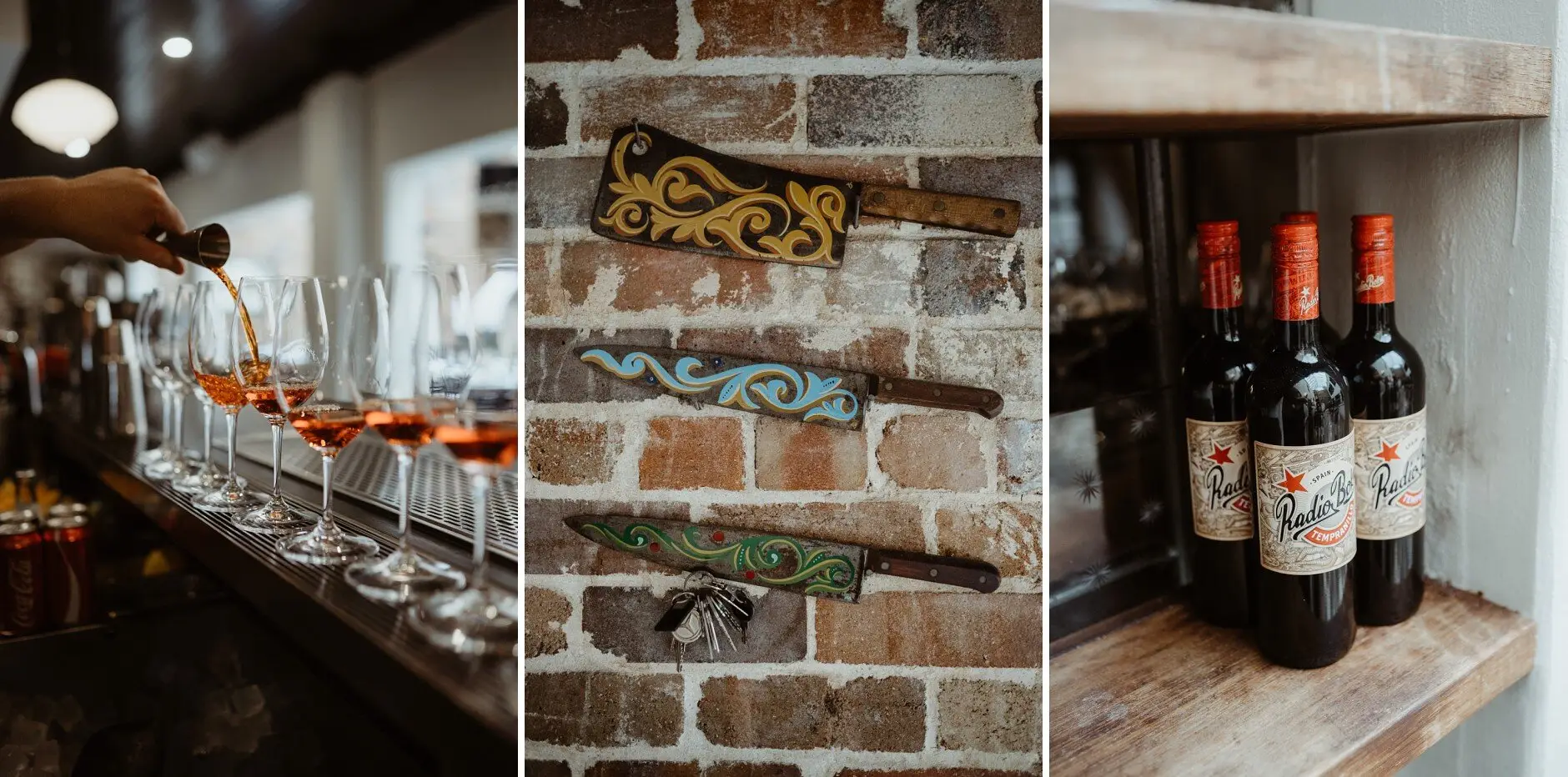 Spritzes being poured, painted paddles on the brick wall, and wine on the shelf, Porteño, Surry Hills