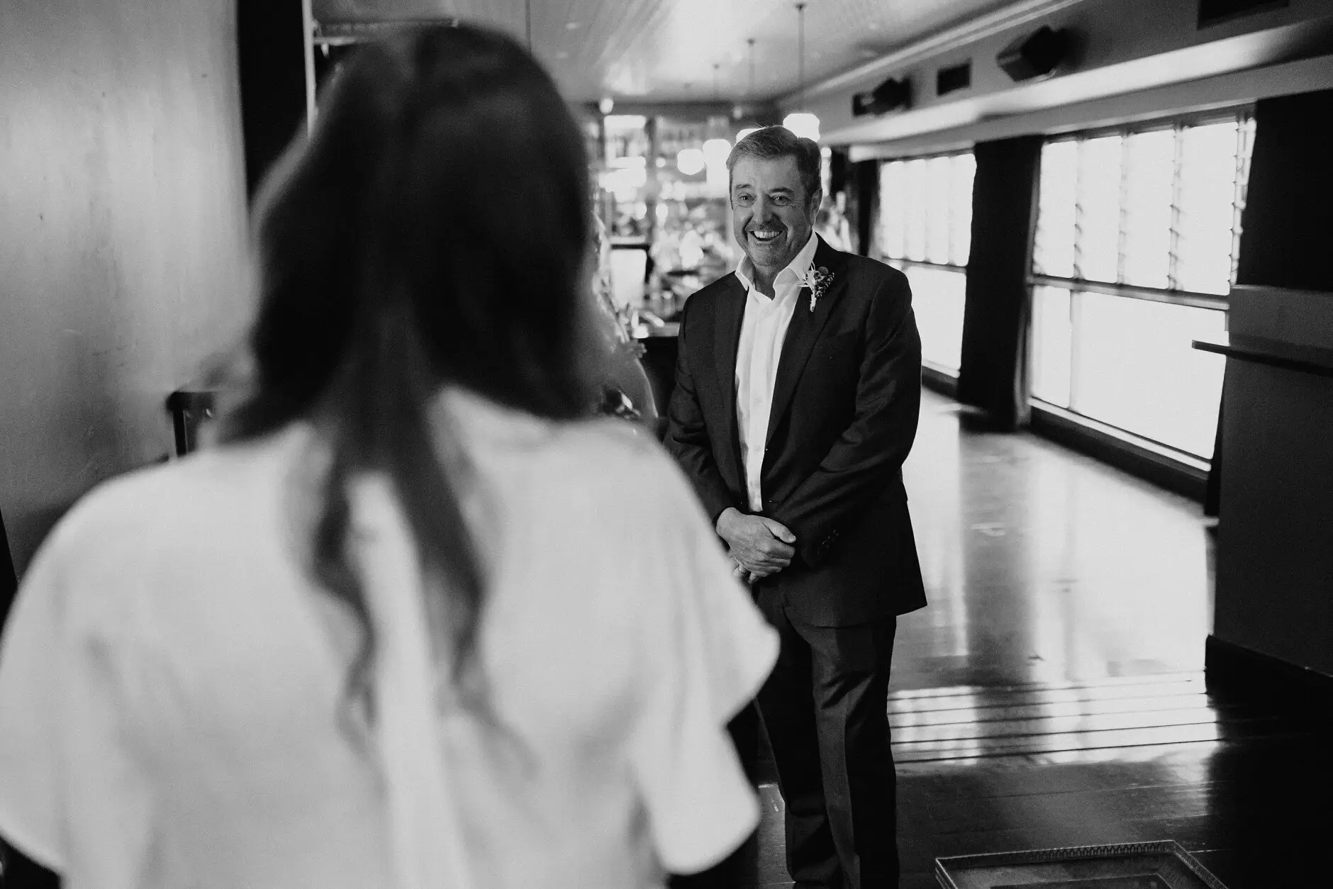 Sophie facing her father before the ceremony, in black and white, Porteño, Surry Hills