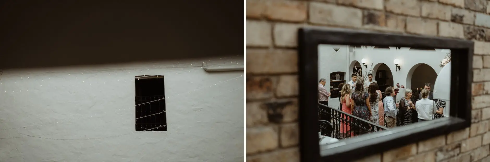 A small frame on the white wall, and guests reflected in the mirror on the brick, Porteño, Surry Hills