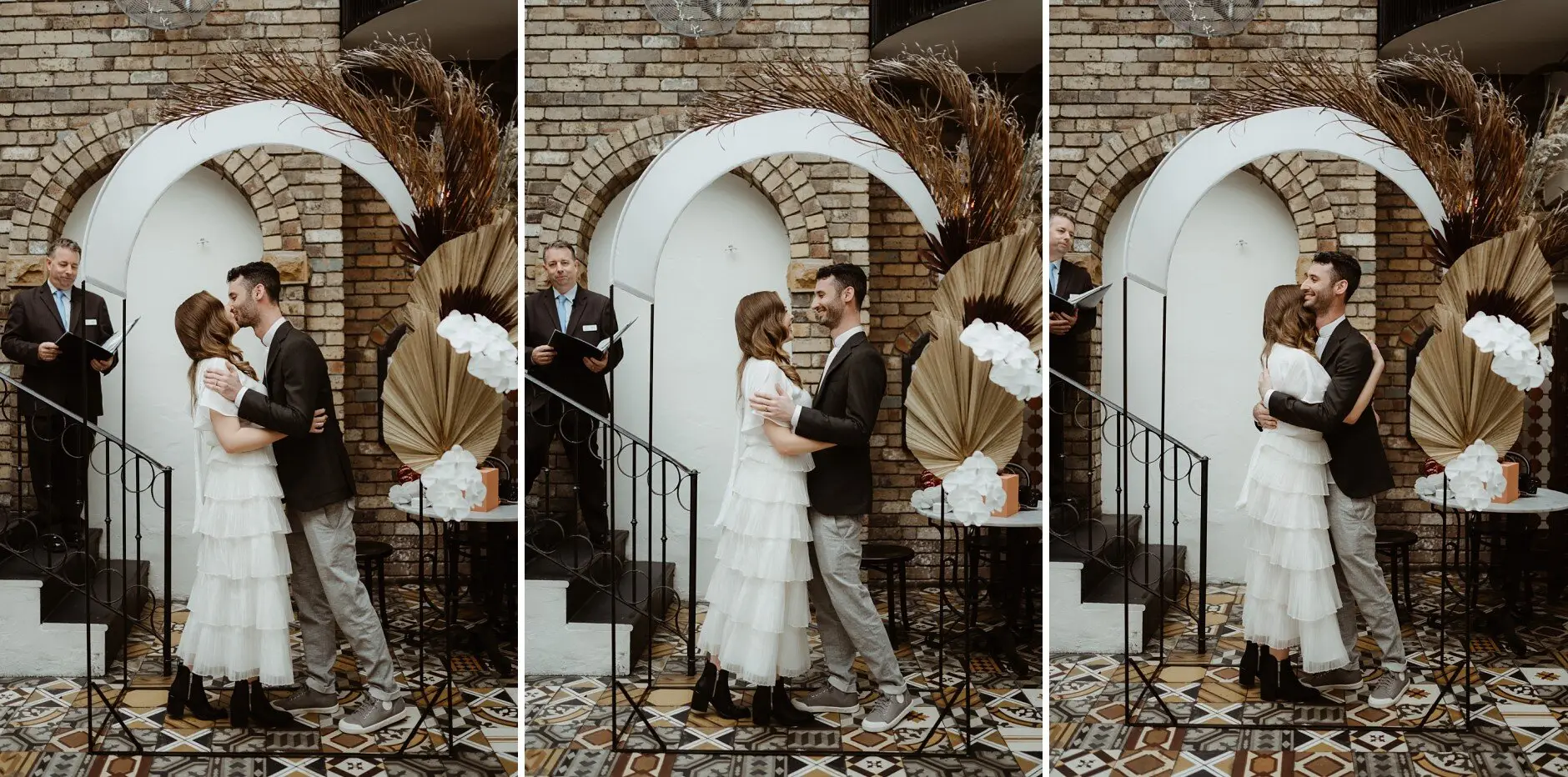 The couple under the brick arch with the dried florals, Porteño, Surry Hills