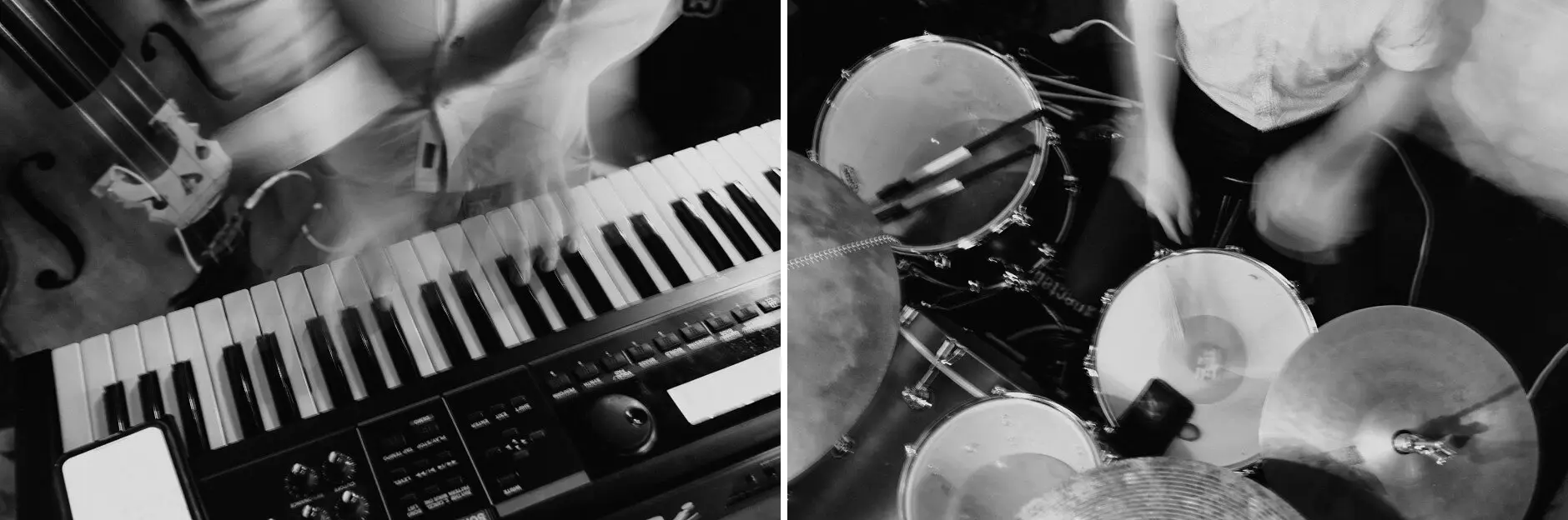 Hands on the keys and a drum kit — the band setting up, in black and white, Porteño, Surry Hills