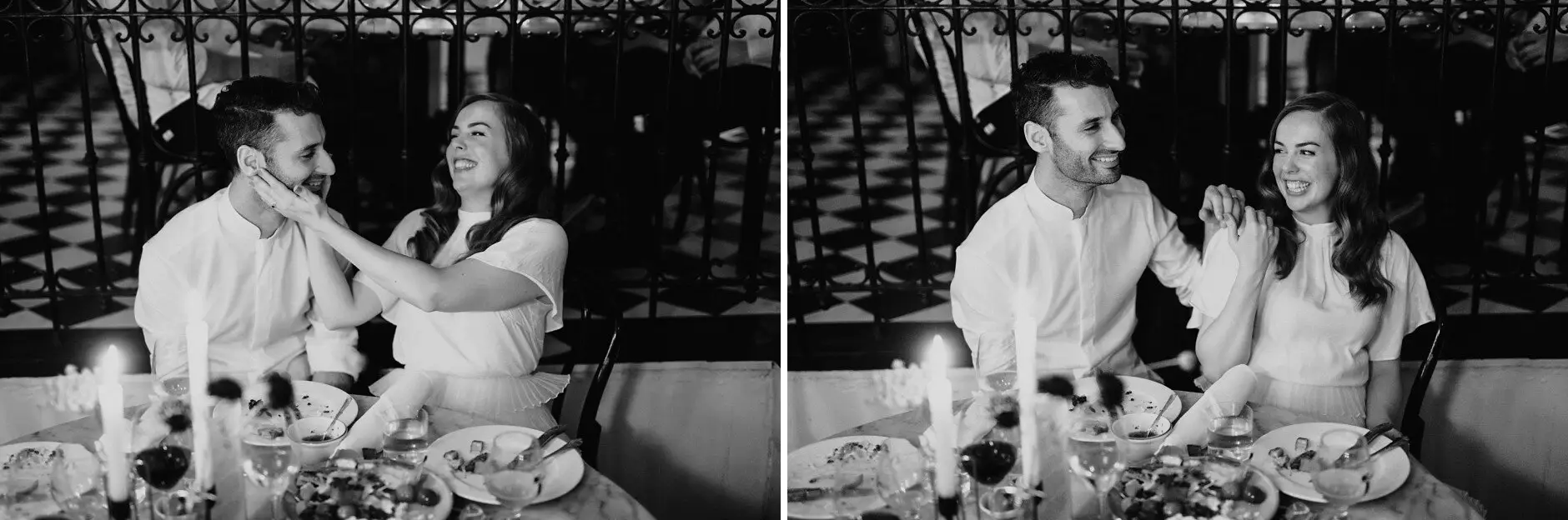 Sophie and Jonathan at the table over dinner and candlelight, in black and white, Porteño, Surry Hills