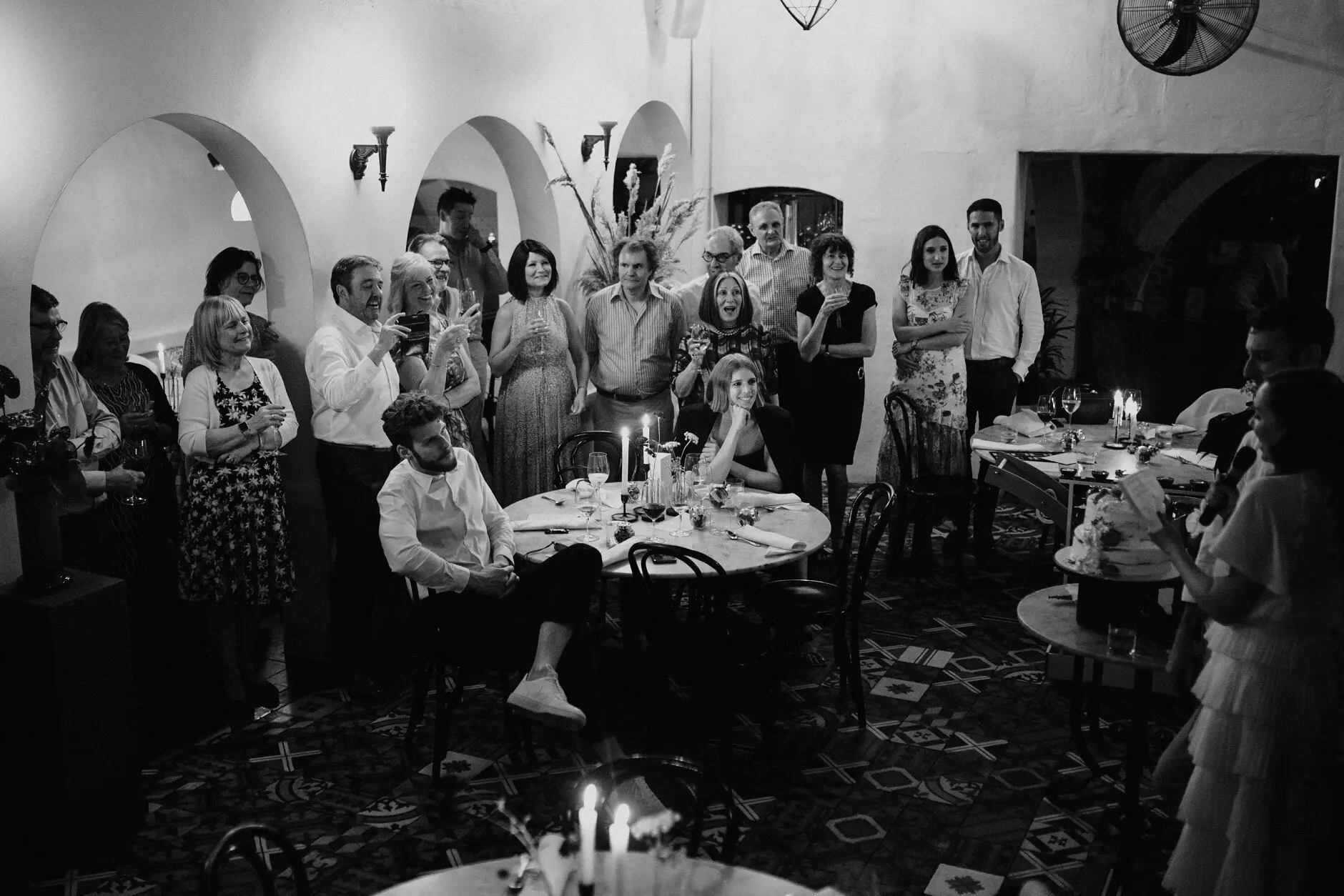The whole room at dinner, in black and white, Porteño, Surry Hills