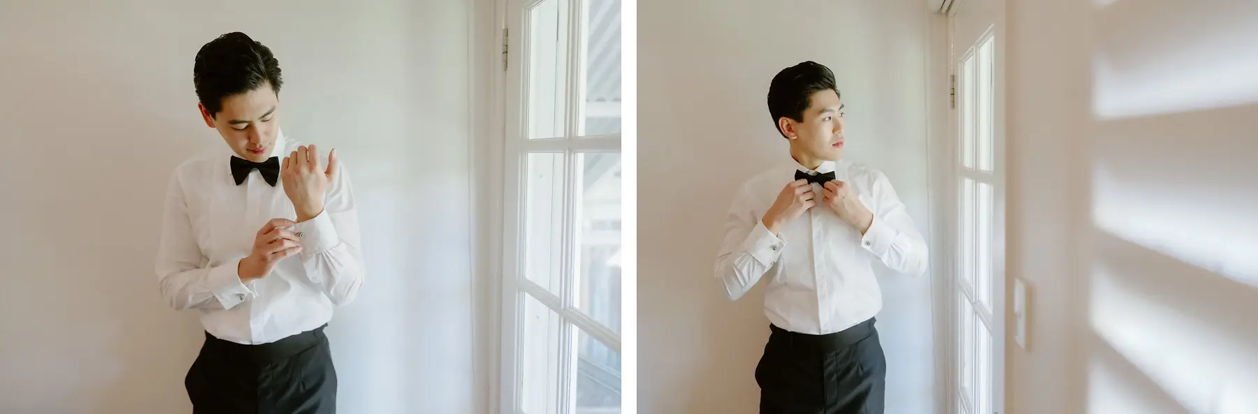 Thomas tying his bow tie at the window in his shirtsleeves, two frames, Tall Trees Tallebudgera Valley