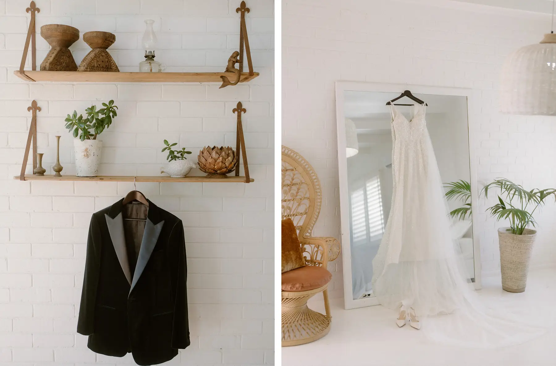 Thomas's velvet dinner jacket hanging on the white brick wall, and Cathy's lace gown beside the peacock chair and mirror, Tall Trees Tallebudgera Valley