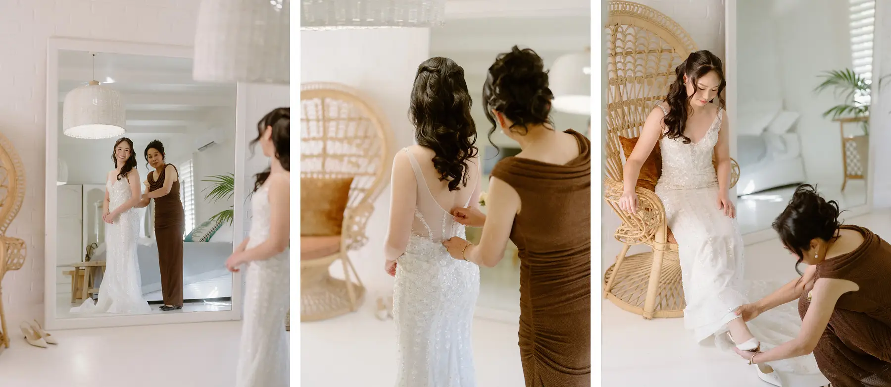 Cathy getting into her dress with her mother and bridesmaids around her, three frames, Tall Trees Tallebudgera Valley