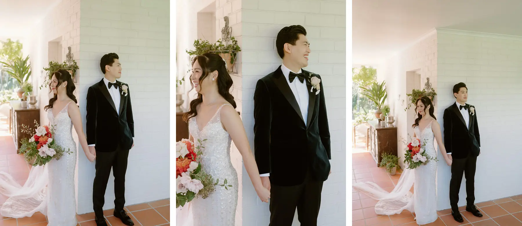 The first look on the verandah — Cathy and Thomas back to back, then hand in hand, Tall Trees Tallebudgera Valley