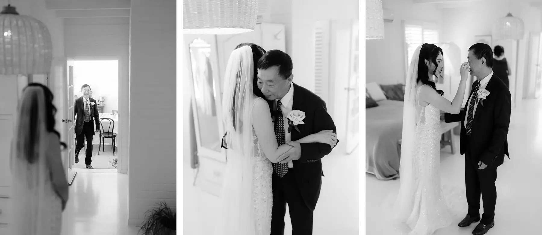 Three black and white frames of the first look, from Thomas waiting in the hallway to the two of them face to face, Tall Trees Tallebudgera Valley