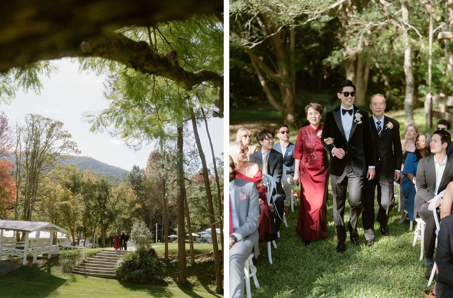 The big gums over the ceremony lawn, and Cathy walking in between her parents, Tall Trees Tallebudgera Valley