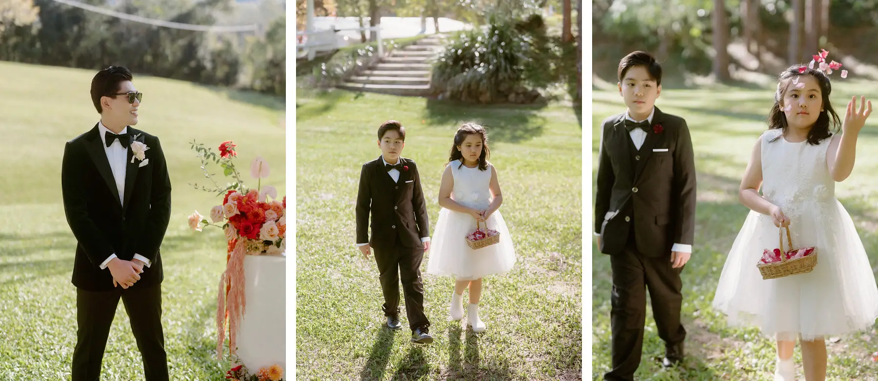 Thomas waiting at the front, and the flower girl and page boy coming down the aisle, Tall Trees Tallebudgera Valley