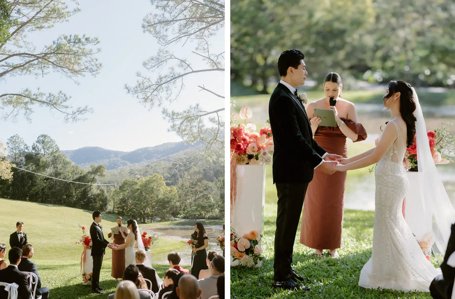 Guests seated on the slope, and Cathy and Thomas holding hands through the vows, Tall Trees Tallebudgera Valley