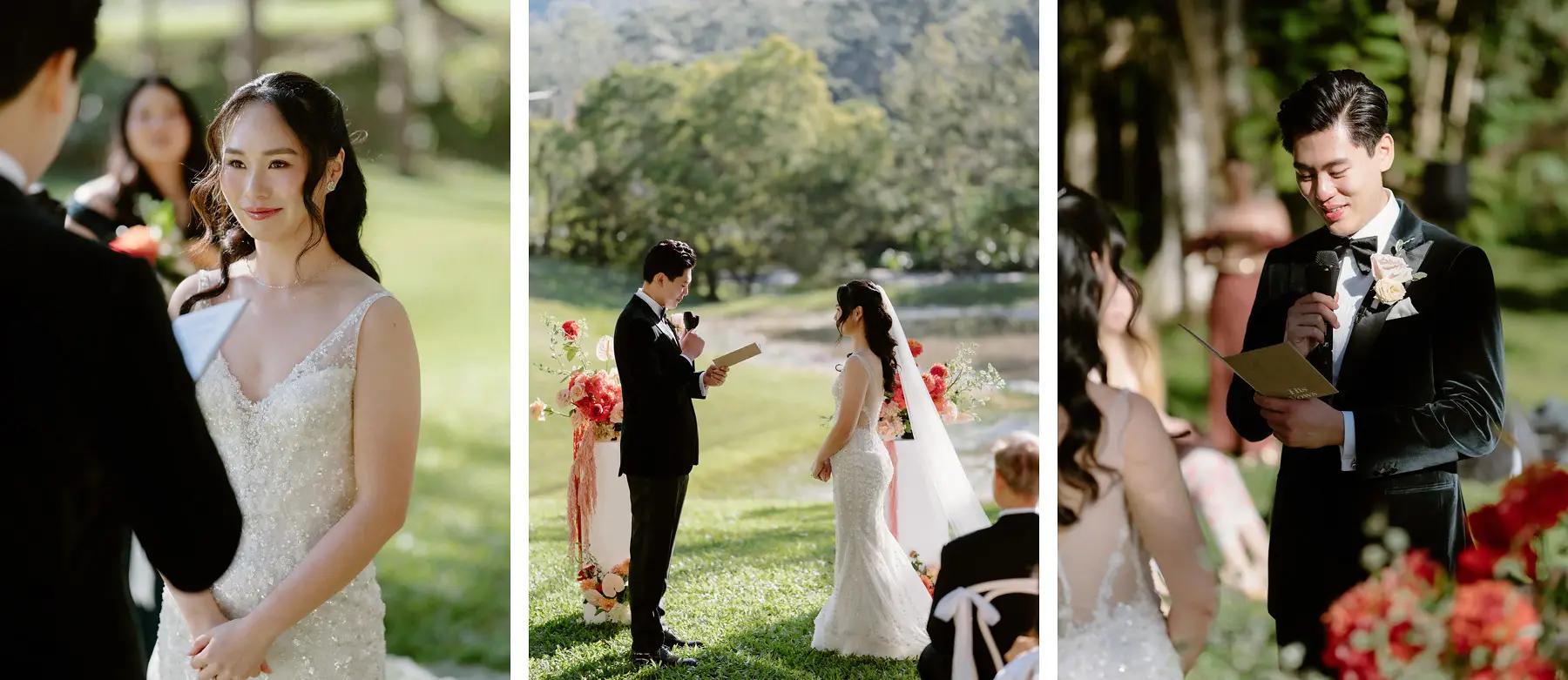 Three frames from the ceremony — Cathy laughing, the two of them small in the landscape, and the rings going on, Tall Trees Tallebudgera Valley