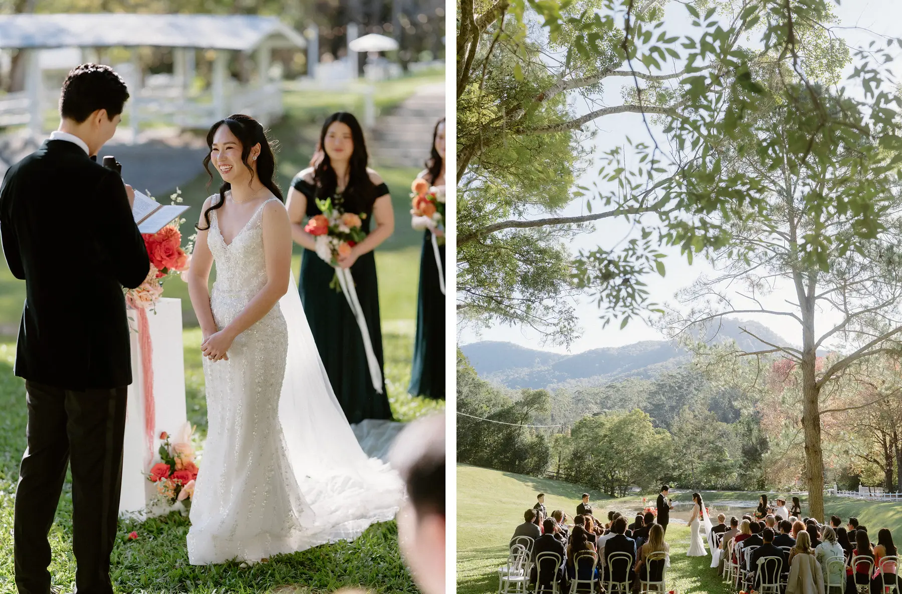 Cathy and Thomas at the front, and the ceremony seen from the back of the lawn, Tall Trees Tallebudgera Valley