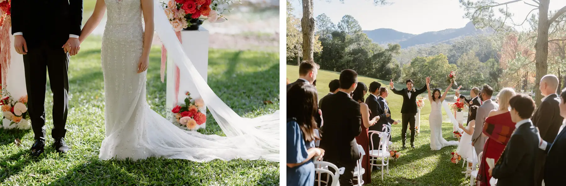 The train of Cathy's dress on the grass, and the guests up on their feet, Tall Trees Tallebudgera Valley