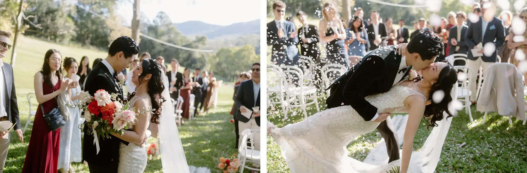 Guests throwing confetti over the aisle, and Thomas taking a bow, Tall Trees Tallebudgera Valley