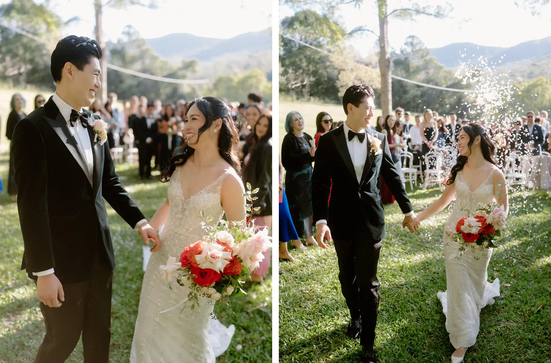 Cathy and Thomas walking back down the aisle hand in hand, two frames, Tall Trees Tallebudgera Valley
