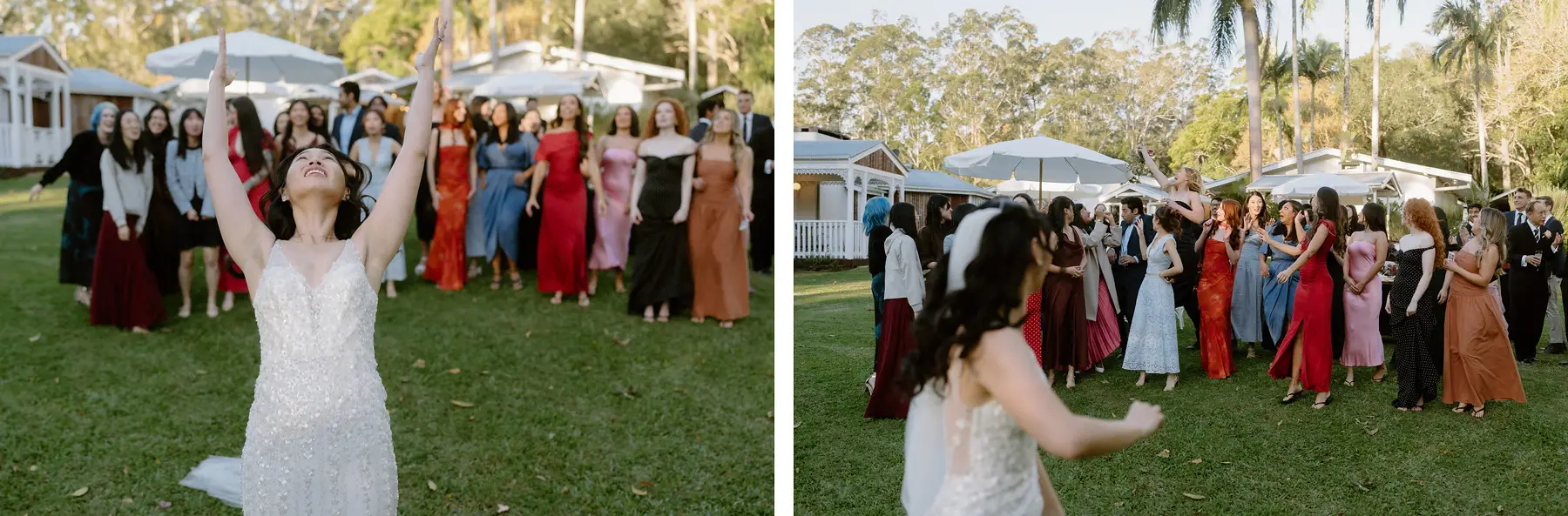 Cathy about to throw the bouquet, and the crowd waiting for it, Tall Trees Tallebudgera Valley