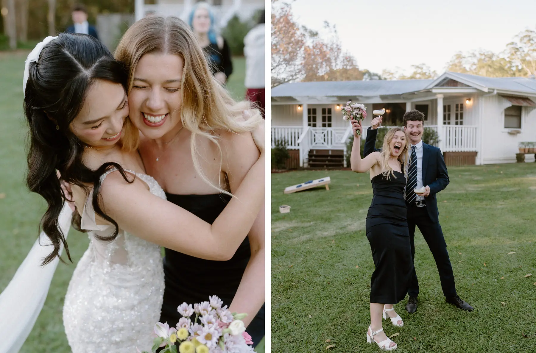 Cathy cheek to cheek with a friend, and the bouquet catcher celebrating in front of the house, Tall Trees Tallebudgera Valley