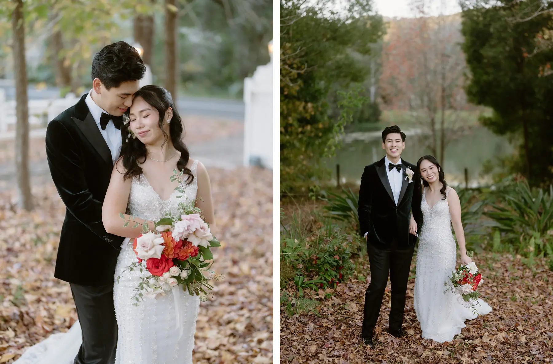 Cathy and Thomas among the autumn leaves with her coral bouquet, two frames, Tall Trees Tallebudgera Valley