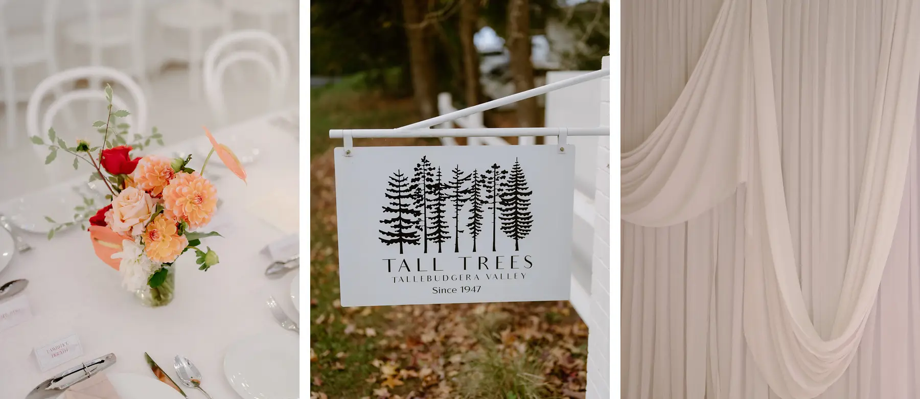 Coral and peach table florals, the Tall Trees Tallebudgera Valley sign, and the white drape at the entrance