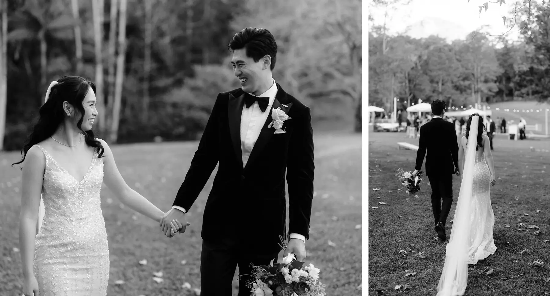 Cathy and Thomas walking hand in hand, and the same walk in black and white, Tall Trees Tallebudgera Valley