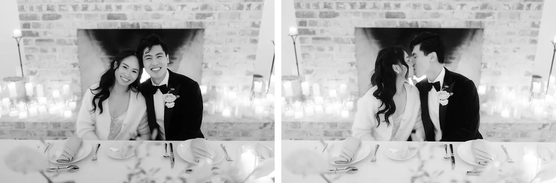 A kiss by the candlelit fireplace, two frames in black and white, Tall Trees Tallebudgera Valley