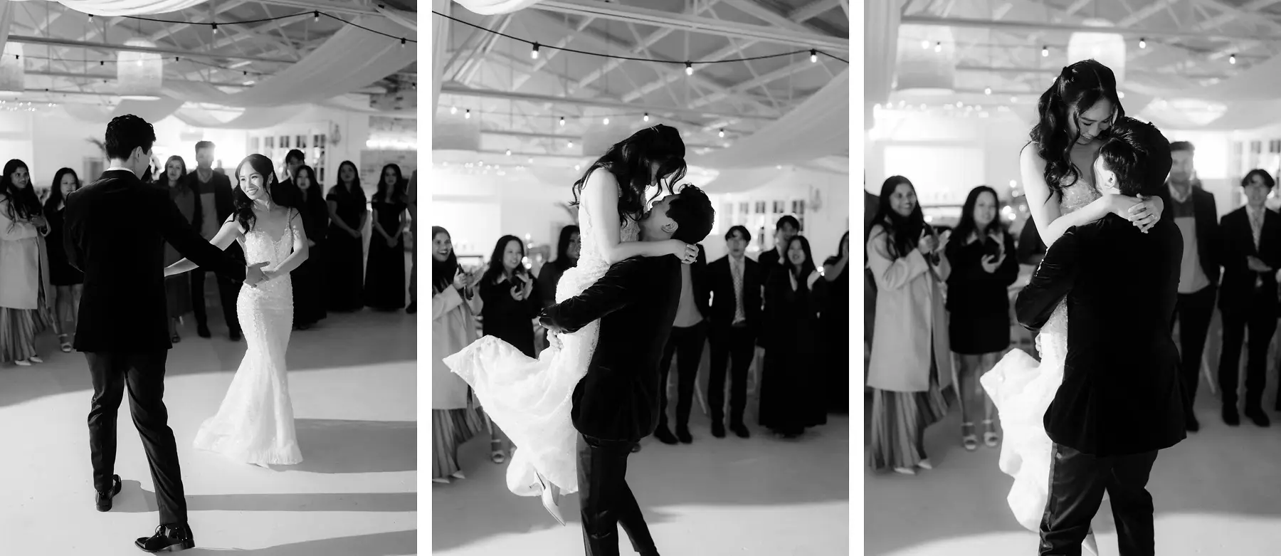 Three black and white frames of the first dance turning into a spin, Tall Trees Tallebudgera Valley