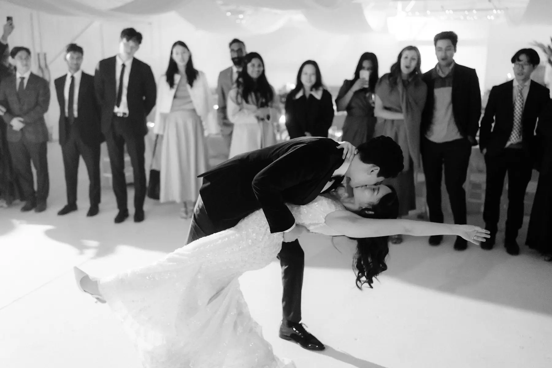 The dip at the end of the first dance, the whole room watching, in black and white, Tall Trees Tallebudgera Valley