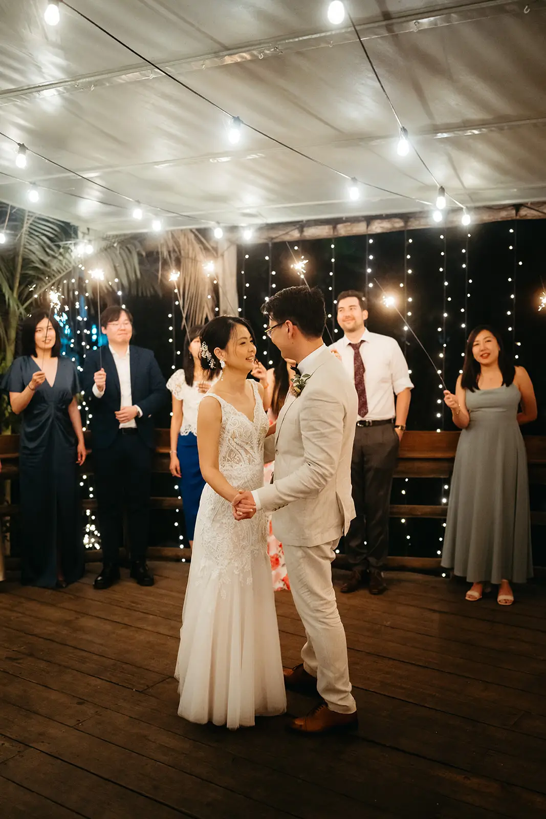 The first dance on the deck under festoon lights, The Acre Boomerang Hills